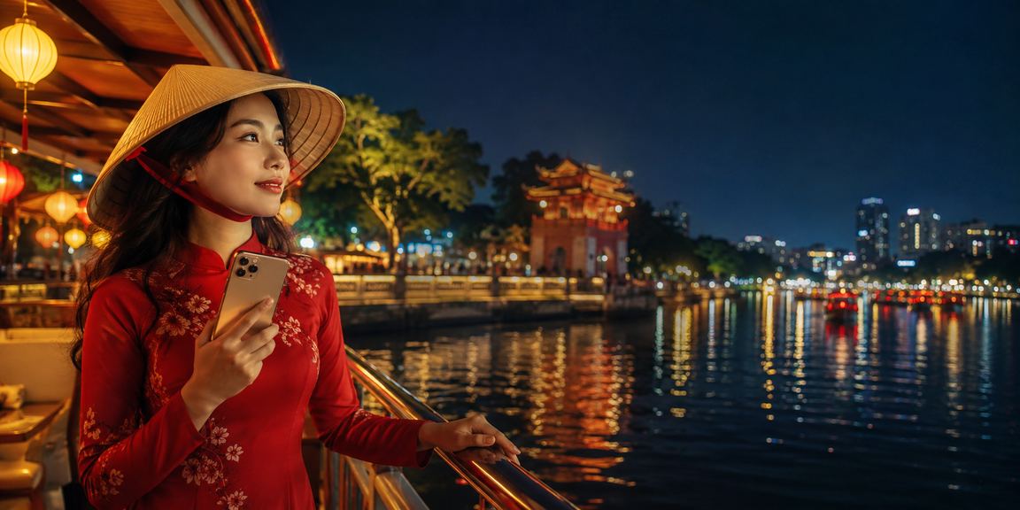 Người phụ nữ đội nón lá Hà Nội xem phân tích kèo trên điện thoại